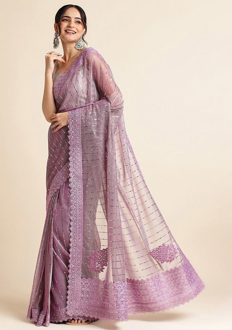 Purple Ethnic Motifs Embellished Saree Set