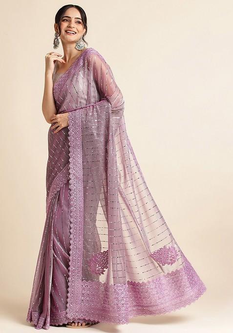 Purple Ethnic Motifs Embellished Saree Set