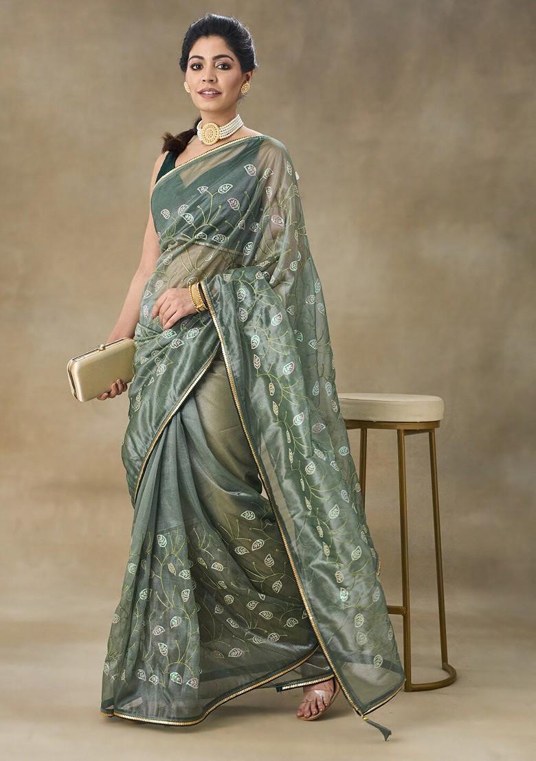 Green Embellished Embroidered Net Saree Set