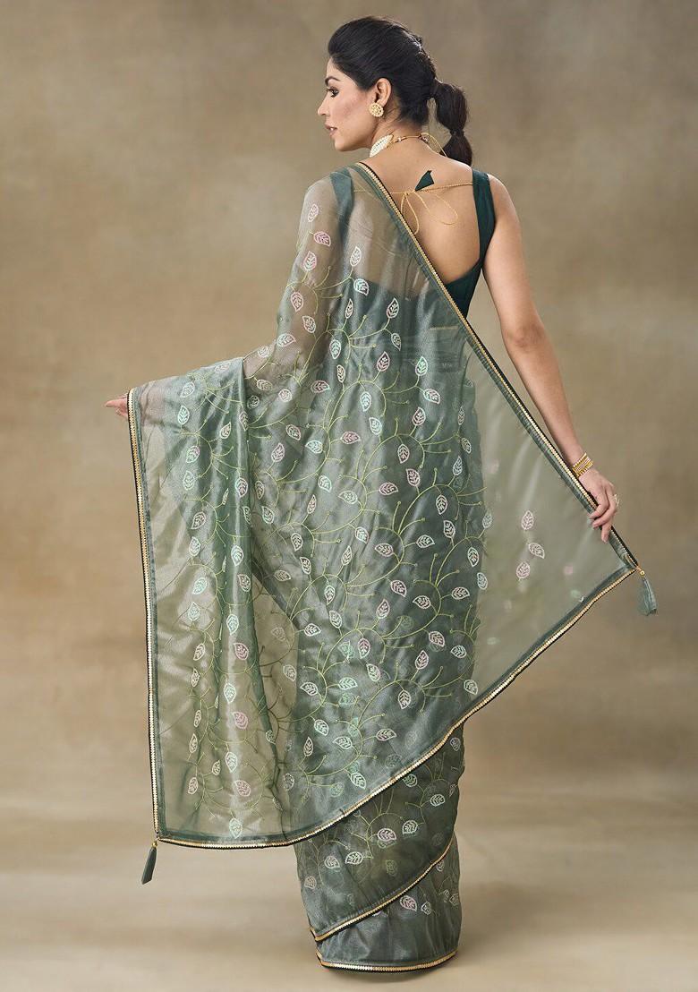 Green Embellished Embroidered Net Saree Set - Indya