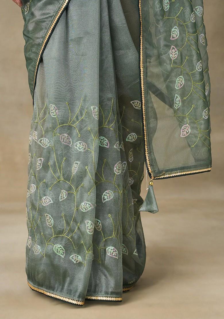 Green Embellished Embroidered Net Saree Set