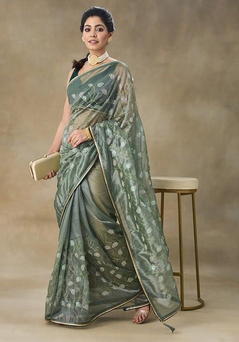 Green Embellished Embroidered Net Saree Set