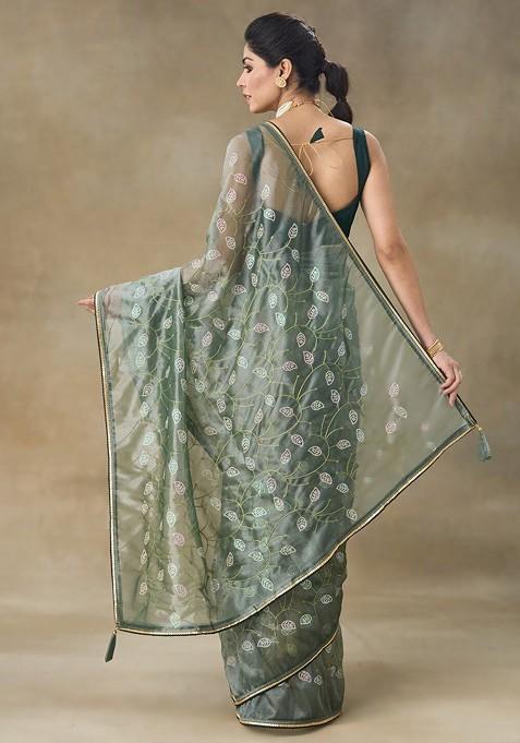 Green Embellished Embroidered Net Saree Set