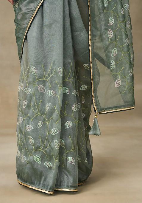 Green Embellished Embroidered Net Saree Set