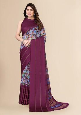 Purple Floral Print Pure Chiffon Saree Set