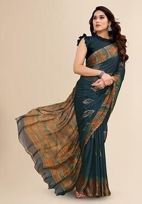 Blue Abstract Print Saree Set