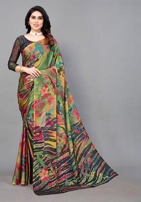 Black Floral Print Poly Chiffon Saree Set