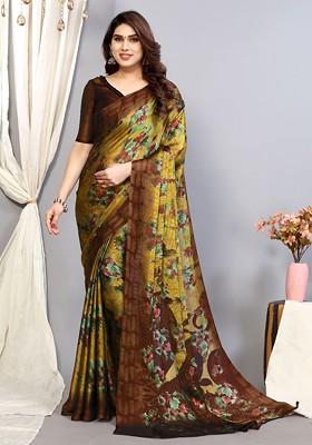 Mustard Floral Print Poly Chiffon Saree Set