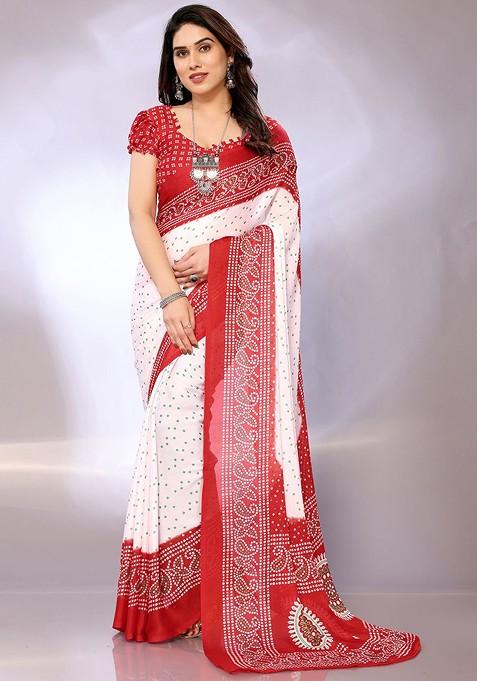 White Bandhani Print Poly Chiffon Saree Set