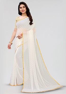 White Polka Dot Zari Saree Set