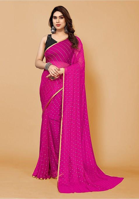 Pink Embellished Zari Poly Chiffon Saree Set