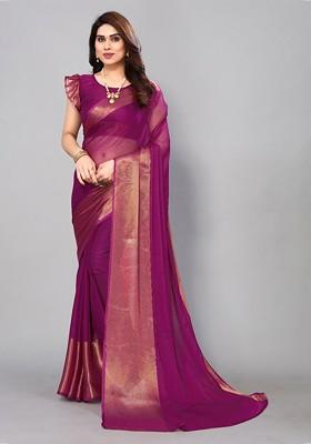 Purple Zari Poly Chiffon Saree Set