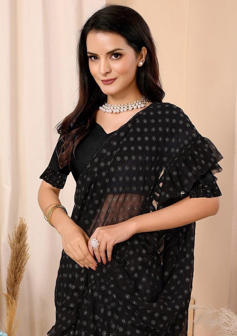 Black Floral Print Ruffled Saree Set