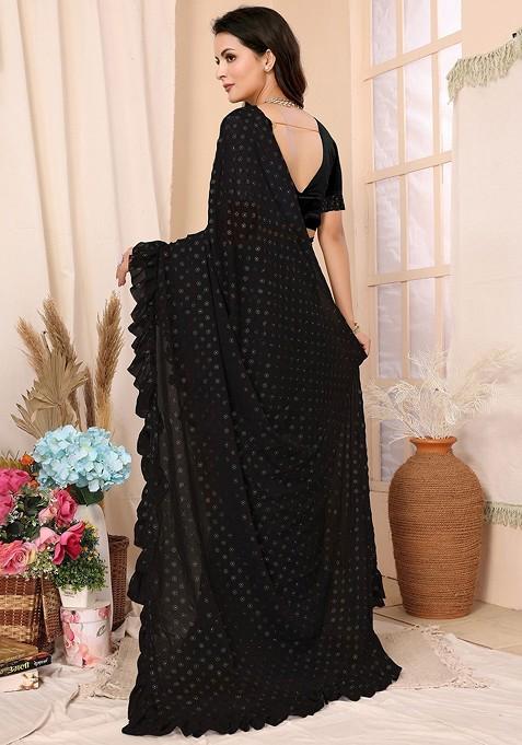 Black Floral Print Ruffled Saree Set