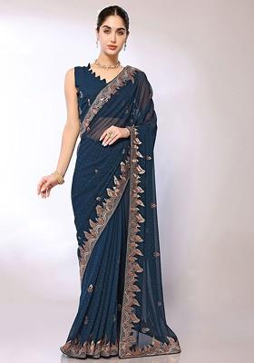 Teal Floral Embroidered Saree Set
