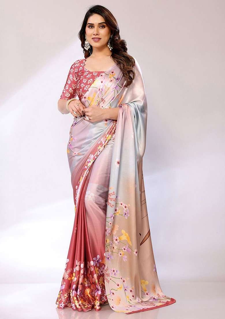 Cream Floral Satin Saree Set - Indya