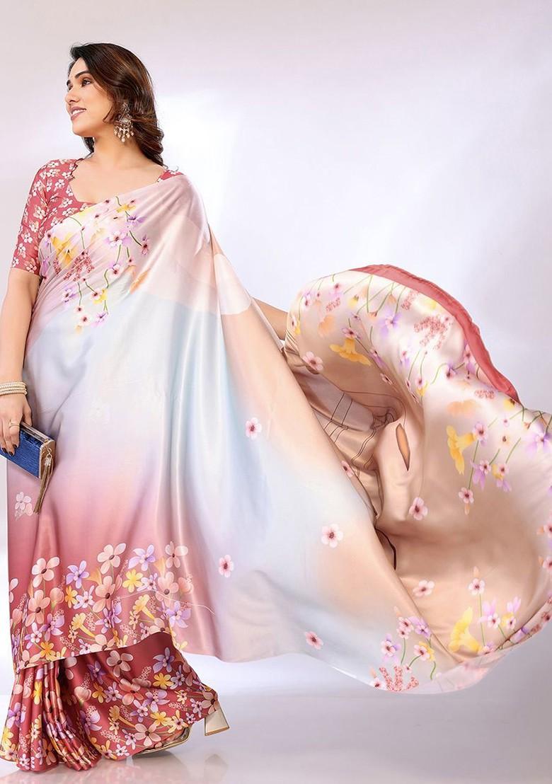 Cream Floral Satin Saree Set - Indya