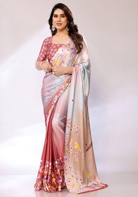 Cream Floral Satin Saree Set