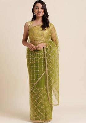 Green Ethnic Motifs Embroidered Net Saree Set