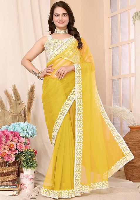 Yellow Embroidered Net Saree Set