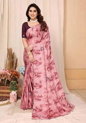 Pink Floral Embroidered Silk Cotton Saree Set