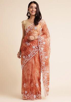 Rust Floral Embroidered Organza Saree Set