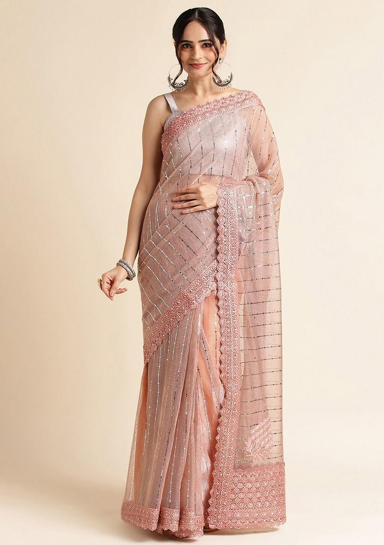 Peach Ethnic Motifs Embellished Saree Set