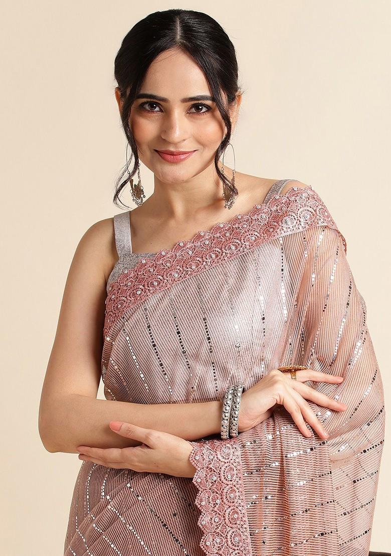 Peach Ethnic Motifs Embellished Saree Set