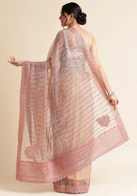 Peach Ethnic Motifs Embellished Saree Set