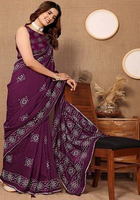Purple Ethnic Motifs Printed Chanderi Saree Set