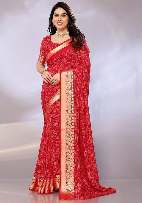 Red Bandhani Print Zari Traditional Saree Set