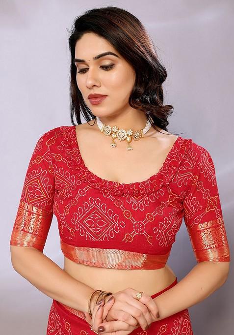 Red Bandhani Print Zari Traditional Saree Set