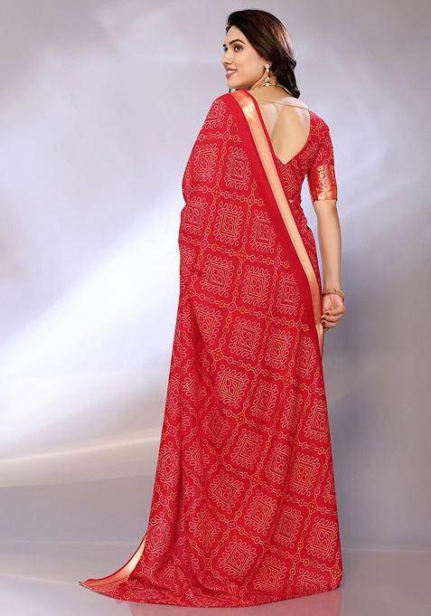 Red Bandhani Print Zari Traditional Saree Set
