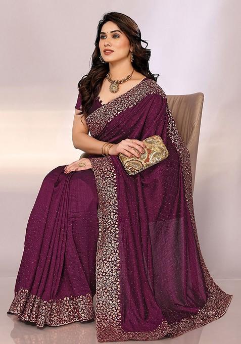 Purple Embroidered Embellished Saree Set