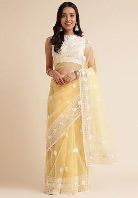 Yellow Ethnic Motifs Embroidered Net Saree Set