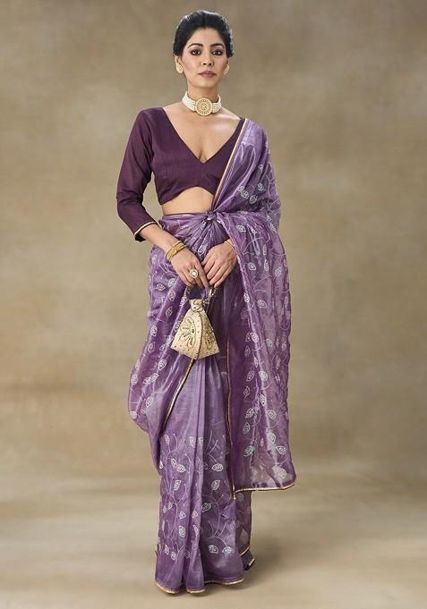 Lavender Embellished Embroidered Net Saree Set