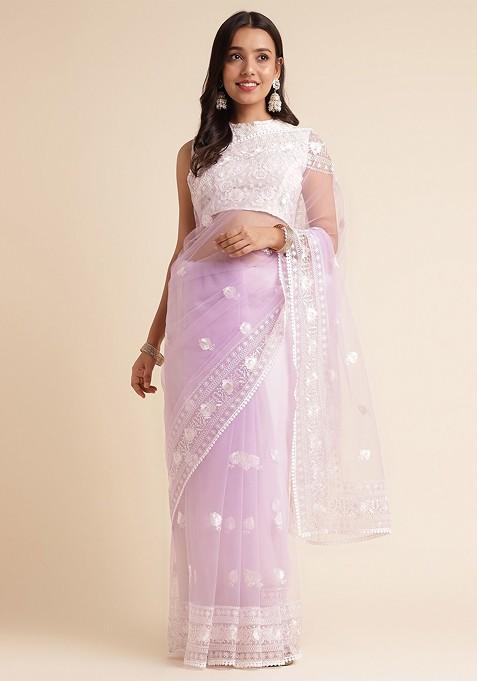 Purple Floral Embroidered Net Saree Set