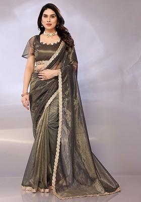 Olive Sequin Embellished Net Saree Set