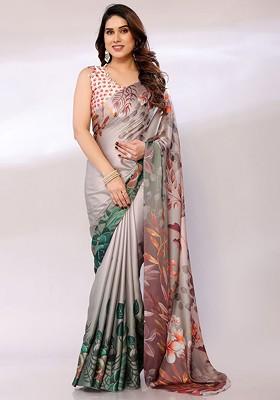 Grey Floral Print Satin Saree Set