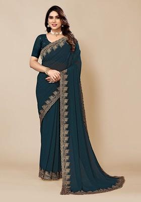 Blue Embellished Embroidered Saree Set