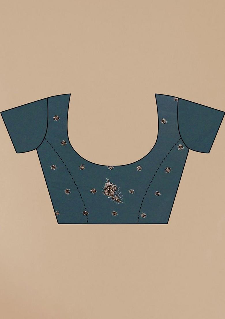 Blue Embellished Embroidered Saree Set - Indya