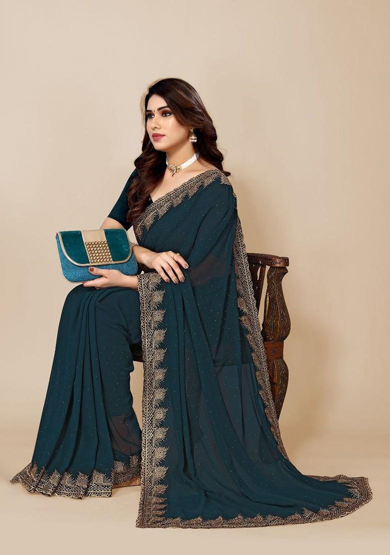 Blue Embellished Embroidered Saree Set - Indya