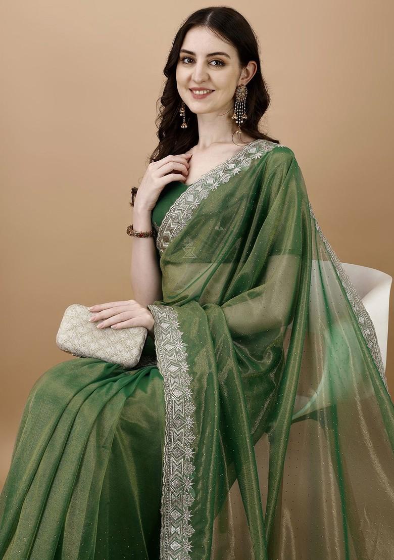 Green Ethnic Motifs Embroidered Net Saree Set