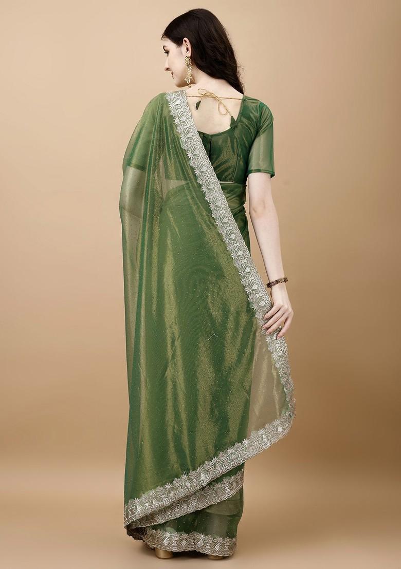 Green Ethnic Motifs Embroidered Net Saree Set