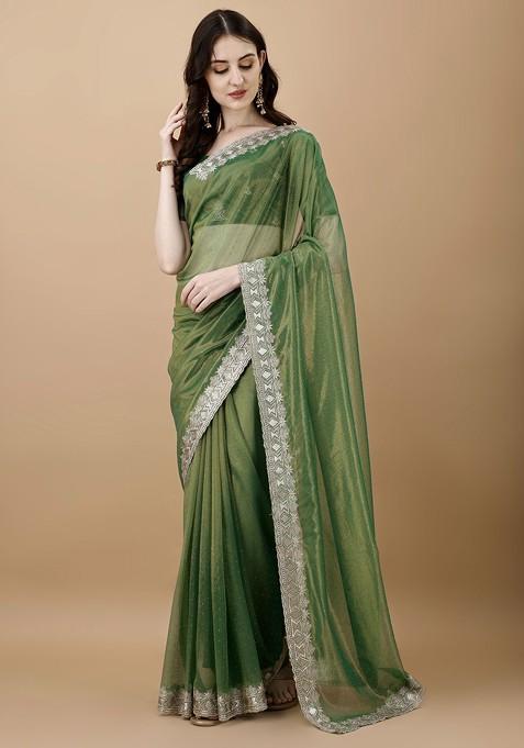 Green Ethnic Motifs Embroidered Net Saree Set