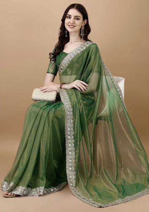 Green Ethnic Motifs Embroidered Net Saree Set