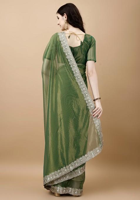 Green Ethnic Motifs Embroidered Net Saree Set