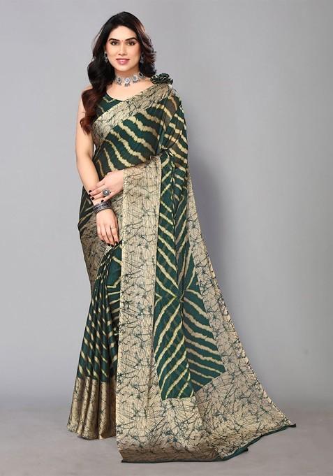 Green Abstract Print Poly Chiffon Saree Set