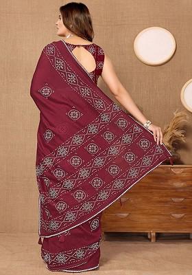 Maroon Bandhani Print Chanderi Saree Set