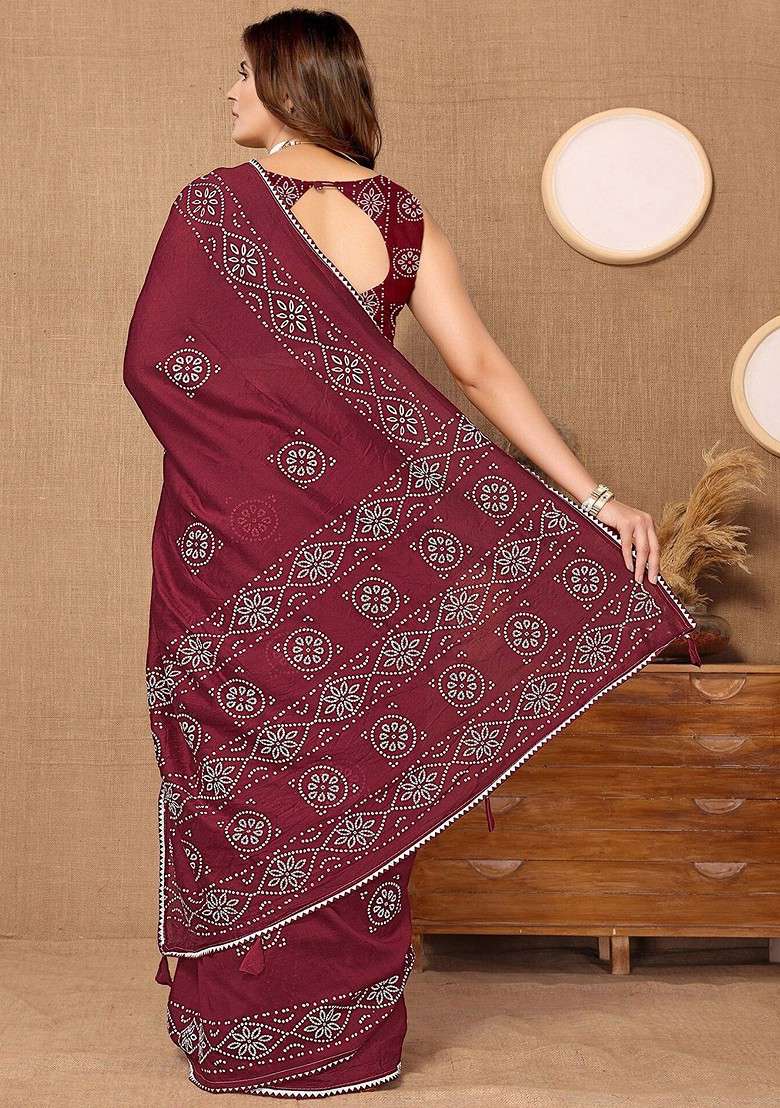 Maroon Bandhani Print Chanderi Saree Set - Indya